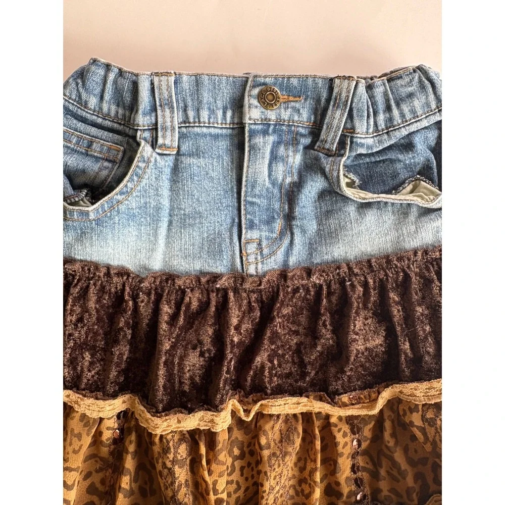 The Childrens Place Y2K Girls Denim Leopard Velvet Tiered Ruffle Skirt Size 6X 7